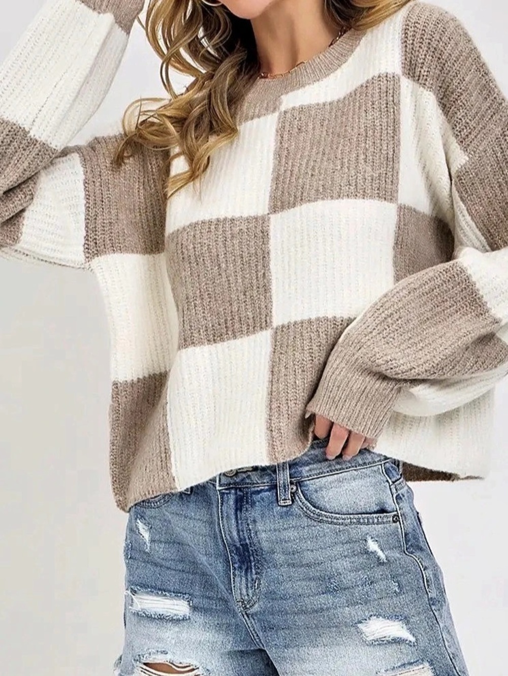 Sweet Lovely by Jen Neutral Checkered Knit Sweater